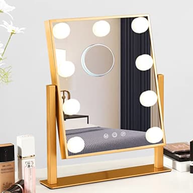 BWLLNI Vanity Mirror with Lights, Hollywood Mirror Lighted Makeup Mirror with 9 LED Bulbs, Touch Control Design 3 Colors Dimmable Bulbs Detachable 10X Magnification 360°Rotation(Gold) - Image 1