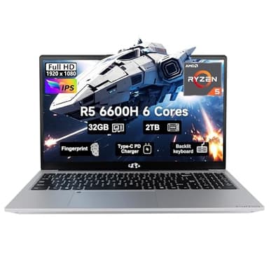 15.6 Business-gaming-Laptop, 6-Cores AMD Ryzen 5 6600H 660M 6nm GPU, 32GB DDR5 2TB SSD(Beat i7-1165G7 up to 4.5GHz)100W Type-C FHD IPS Laptop-Computer with Fingerprint Backlit Keyboard WiFi5 Win11 - Image 1