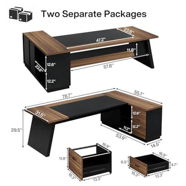 Tribesigns 78" L-Shaped Executive Desk, Large Modern Office Desk with Drawers and File Cabinet, Business Furniture with Storage Shelves, Big Computer Desk for Home Office (Light Walnut + Black) - Image 2