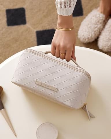 EACHY Travel Makeup Bag, Large Capacity Cosmetic Bags for Women, Waterproof Portable Open Flat Toiletry Bag Make up Bag with Divider and Handle (Checkered-White, Medium) - Image 9