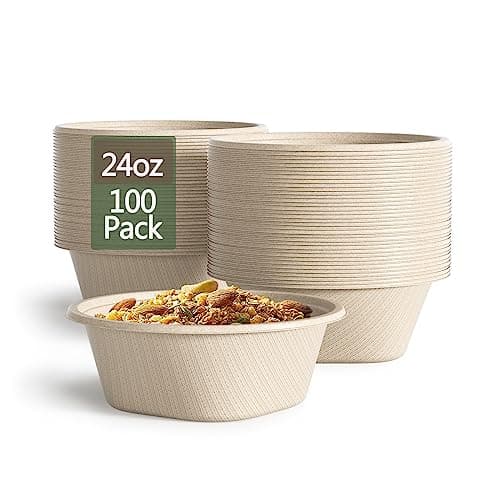 24 Oz Disposable Bowls, [100 Pack] Paper Bowls Disposable - Heavy Duty and Eco-friendly Sugarcane and Bamboo Bagasse Biodegradable Bowls for Cereal, Rice, French Fries - Convenient and Compostable - Image 1