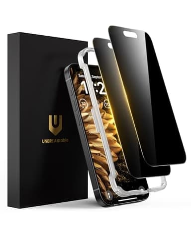 UNBREAKcable Privacy Screen Protector for iPhone 15 Plus, Anti-Spy Shatterproof Tempered Glass [True 28°Anti Spy] [9H Hardness] [Easy Installation Frame] Black Protector for iPhone 6.7" - 2 Pack - Image 1
