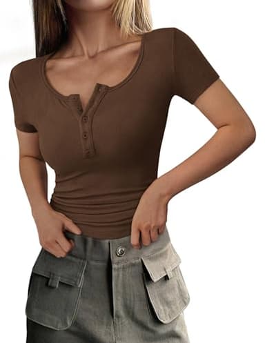 PRETTYGARDEN Women's 2025 Spring Summer Short Sleeve Tops Ribbed Henley Button Slim Fit Basic Casual T Shirts Blouse Clothing (Coffee,X-Large) - Image 1