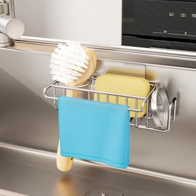 HapiRm 4 in 1 Sink Caddy Sponge Holder, SUS304 Stainless Steel Kitchen Brush Holder + Dish Cloth Hanger + Soap Rack + Sink Stopper Rack + Sponge Caddy for Kitchen - Silver - Image 6