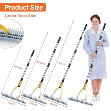 TOOVEM Thatch Rake, 15-inch Lawn Thatching Rake with Heavy Duty Steel Tines & Ergonomic Handle, 70-Inch Professional Dethatching Rakes for Effective Lawn Care, Garden & Yard Tool - Image 2