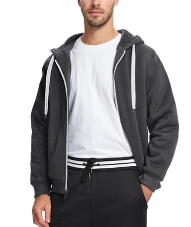 Little Beauty Fleece Hoodies for Men Winter Thick Jackets Sherpa Lined Zip Up Sweatshirt With Kanga Pocket Dark Grey - Image 3