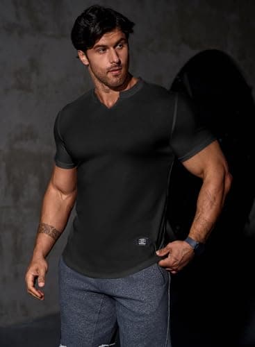 JMIERR Muscle Shirts for Men Slim T Shirt V-Neck Hip Hop Longline Henley Black Shirt Short Sleeve Gym Workout Athletic Tees Shirts,US 38(S) - Image 2
