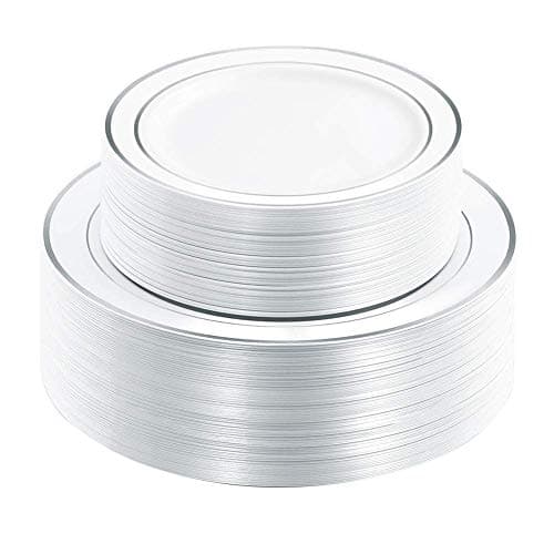 I00000 102pcs Silver Plastic Plates, Disposable Plastic Party Plates with White Silver Rim Fancy Wedding Party Plates Include 51 Dinner Plates 10.25" and 51 Dessert Appetizer Plates 7.5" - Image 1