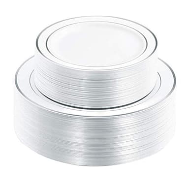 I00000 102pcs Silver Plastic Plates, Disposable Plastic Party Plates with White Silver Rim Fancy Wedding Party Plates Include 51 Dinner Plates 10.25" and 51 Dessert Appetizer Plates 7.5" - Image 1