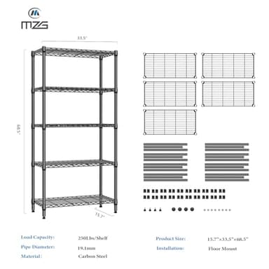 M MZG 1250 lbs 5 Tier Shelf Metal Storage Shelves Shelving Wire Rack Heavy Duty Closet Organizers for Garage Kitchen Bathroom Laundry Black 15.7" D x 33.5" W x 68.5" H - Image 7
