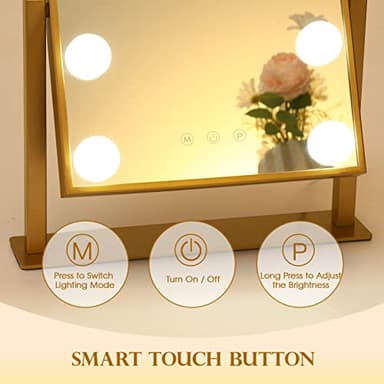 BWLLNI Vanity Mirror with Lights, Hollywood Mirror Lighted Makeup Mirror with 9 LED Bulbs, Touch Control Design 3 Colors Dimmable Bulbs Detachable 10X Magnification 360°Rotation(Gold) - Image 4