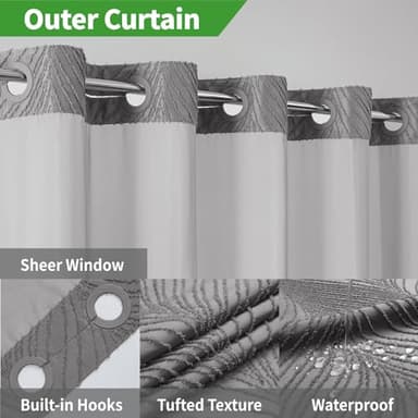 eachope no Hook Shower Curtain and Liner Set，Boho Style with See Through Top Window, Black Fabric Tufted Striped Textured Outer Curtain & Waterproof Inner Liner, Grey/Gray, 71Wx80H - Image 3