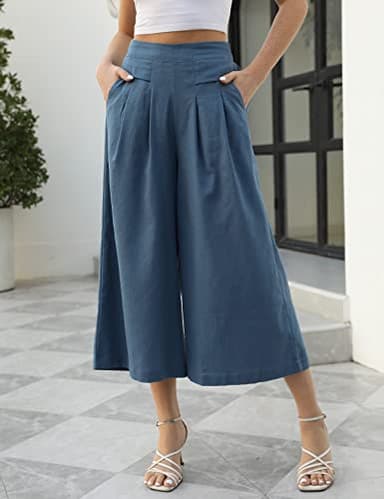 Gihuo Women' s Casual Cotton Linen Palazzo Pants Elastic Waist Wide Leg Culottes(DarkBlue-L) - Image 2
