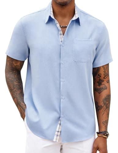 COOFANDY Mens Summer Shirt Short Sleeve Button Down Shirts Beach Weeding Outfit Clear Blue - Image 1