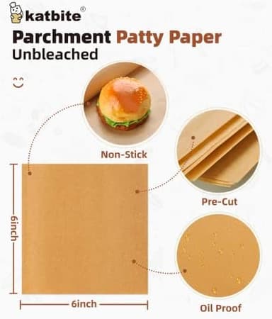 Katbite 300Pcs 6x6 Inches Patty Paper, Burger Patty Paper, Unbleached Parchment Sheets, Heavy Duty & Non-Stick, Squares for Seperating Patty, Cookies, Storing Foods Wrapping Candies - Image 4
