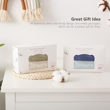 Bearmoss Bassinet Sheets - 2 Pack Muslin Cotton Bassinet Sheets Fits Oval and Rectangle Bassinet Mattress, Breathable and Skin-Friendly for Baby Boy and Girl (Cream&Olive Green) - Image 7