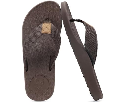 KuaiLu Mens Flip Flops Arch Support Comfortable Cushion Memory Foam Recovery Walking Waterproof Leather Thong Sandals Orthotic Plantar Fasciitis Summer Casual Beach Pool Slip on Slippers Brown Size 10 - Image 1