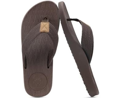 KuaiLu Mens Flip Flops Arch Support Comfortable Cushion Memory Foam Recovery Walking Waterproof Leather Thong Sandals Orthotic Plantar Fasciitis Summer Casual Beach Pool Slip on Slippers Brown Size 10 - Image 1