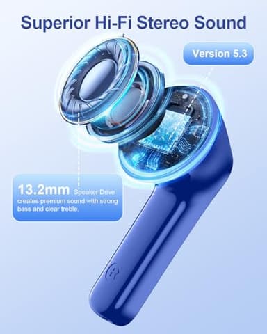 Wireless Earbuds, Bluetooth 5.3 Ear Buds, Headphones with Clear Stereo sound, 40H Playtime with LED Digital Display, IPX7 Waterproof Earphones Built-in Mic for Phone Tablet Sports Workout, Sapphire - Image 2