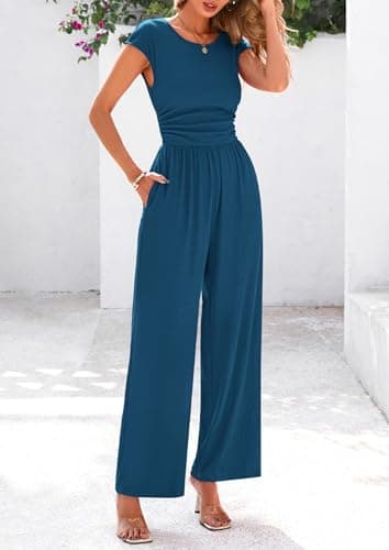 PRETTYGARDEN Summer Jumpsuits for Women Dressy 2025 Ribbed Cap Sleeve Wide Leg Pants Rompers Elegant Casual One Piece Outfits (Lake Blue,Medium) - Image 4