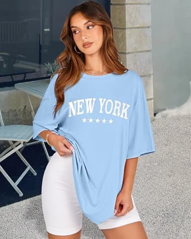 Womens Oversized Tshirt Graphic Tees Crew Neck Summer Short Sleeve Loose Fit Tops(Blue Letters, L) - Image 6