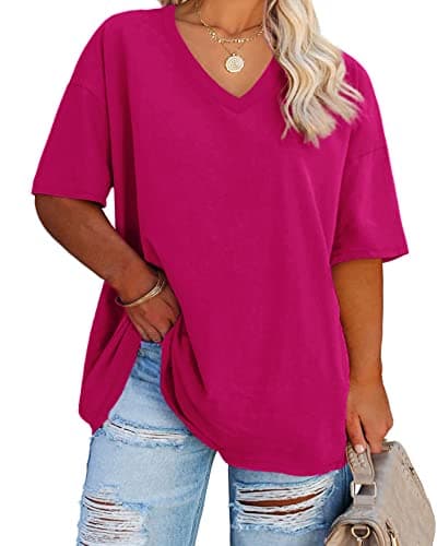 Women's Plus Size V Neck T Shirts Summer Half Sleeve Tees Casual Loose Fit Cotton Tunic Tops Rose Red - Image 1