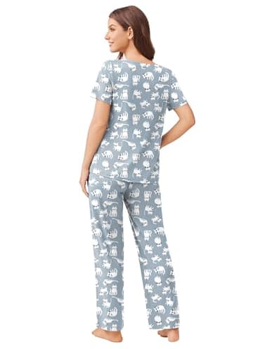 Ekouaer Ladies Pajamas Sets 2 Pack Short Sleeve with Long Pant Pjs Sleepwear Loungewear Slate Star Grey Cat X-Large - Image 5