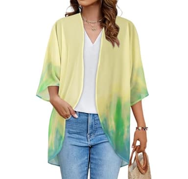 Women's Floral Kimono Print Puff Sleeve Loose Cardigan Cover Up Casual Blouse Tops (Yellow Green Tie-dye, 2XL) - Image 1