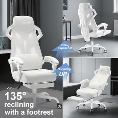 GTRACING Gaming Chair, Computer Chair with Mesh Back, Ergonomic Game Chair with Footrest, Reclining Game Chair with Adjustable Headrest and Lumbar Support for Gaming and Office (White) - Image 3