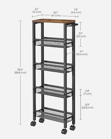 VASAGLE Slim Rolling Cart, 5-Tier Storage Cart, Narrow Carts with Handle, 5.1 Inches Deep, Metal Frame, for Kitchen, Dining Room, Living Room, Home Office, Rustic Brown and Classic Black ULRC034B01 - Image 6