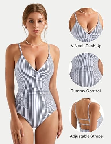 SUUKSESS Women Sexy Wrap Push Up One Piece Swimsuit Slimming Tummy Control Bathing Suit Retro Backless Cut Out Swimwear (White Black Striped,L) - Image 2