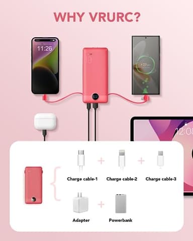 Portable Charger Built-in Cables and AC Wall Plug, VRURC USB C Power Bank 10000mAh, Travel Battery Portable Phone Charger Compact Lightweight External Battery Pack for SmartPhones,Tablets-Viva Magenta - Image 4