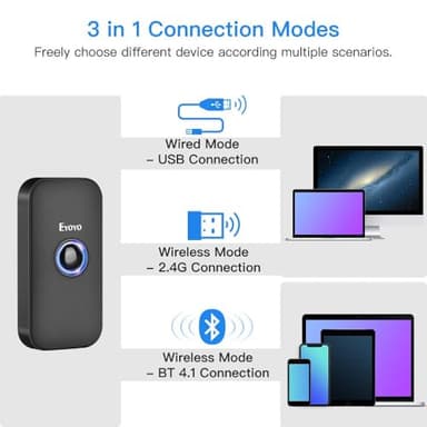 Eyoyo Mini 1D Bluetooth Barcode Scanner, 3-in-1 Bluetooth & USB Wired & 2.4G Wireless Barcode Reader Portable Bar Code Scanning Work with Windows, Android, iOS, Tablets or Computers - Image 3