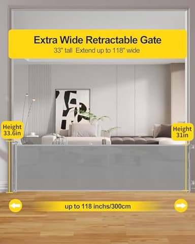 118 Inch Extra Wide Retractable Baby Gate,Mesh Large Baby Gate or Mesh Pet Dog Gate, Opening Wide Extra Long Child Safety Gate for Indoor Baby Fence, Outdoor, Stairs, Deck (Grey) - Image 2