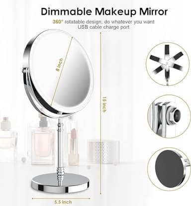 Lighted Makeup Mirror, 3000 mAh Rechargeable Double Sided Magnifying Vanity Mirror with 3 Colors, 1x/10x, 360° Rotation , Brightness Adjustable Magnification Cosmetic Light up Mirror, Women Gift - Image 3