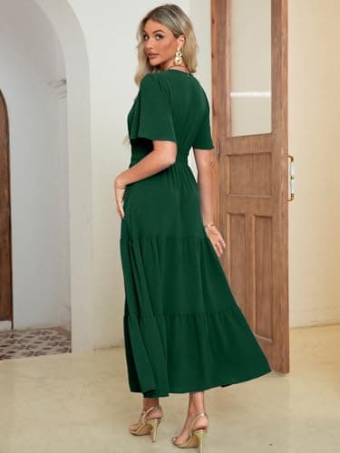 Amegoya Women's Short Sleeve Semi Formal Maxi Dresses Elegant Empire Waist Long Flowy Dress Modest Winter Wedding Guest Dress (Emerald Green M) - Image 4