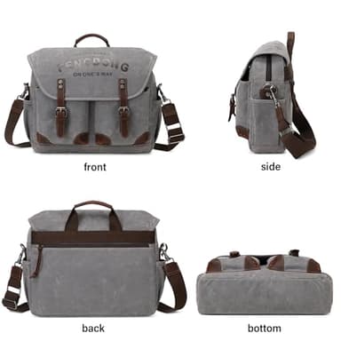 FENGDONG Mens Messenger Bag 15.6 Inch Vintage Waxed Canvas Genuine Leather Briefcase Leather Computer Laptop Bag Rugged Satchel Shoulder Bag Gray - Image 6