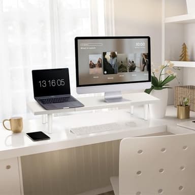 Across-Star Dual-Monitor-Stand-Riser-For-Desk Adjustable Length 32-40 Inch，Large Desktop Computer Monitor Riser For 2 Screens，Desk Shelf Organizer Riser Stand For Computer/Laptop/PC/Printer/TV White - Image 2