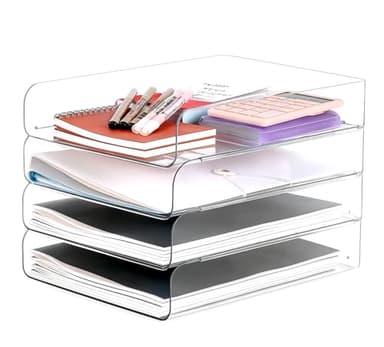 Set of 4 Office Organization and Storage, Clear PET Letter Tray Desk Organizer, Stackable Document and File Paper Organizer for Office Supplies - Image 1