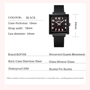 BOFAN Waterproof Nurse Watch for Medical Professionals,Students,Doctors with Easy to Read Square Black Dials,Second Hand and 24 Hours(Black-Black). - Image 5