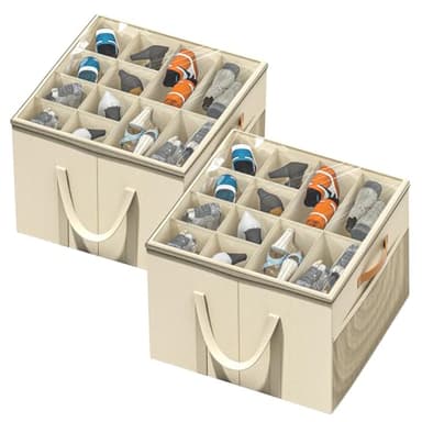 Aokeyee Shoe Storage Organizer for Closet, Large Shoe Box Storage Containers with Clear Cover and Reinforced Handles, Foldable Shoe Storage Organizer Box Bin, Fits to 12-16 Pairs, 2 Pack (Beige) - Image 1