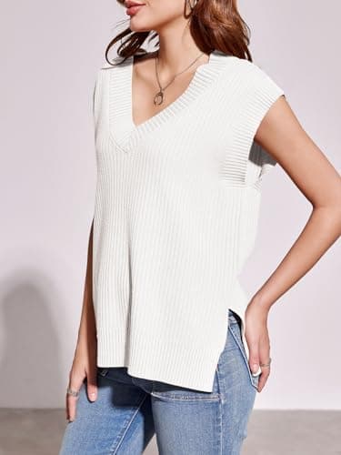 Saodimallsu Womens V Neck Sweater Vest Oversized Ribbed Knit Sleeveless Casual Loose Fit Pullover Tank Top White - Image 4