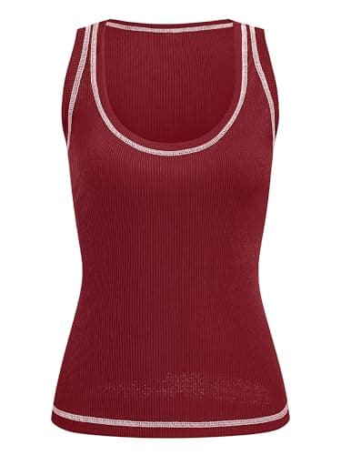 GKBK Women Ribbed Tank Top Sleeveless Casual Crew Neck Long Tank Fitted Strap Slim Basic Cami Tops Wine Red M - Image 2