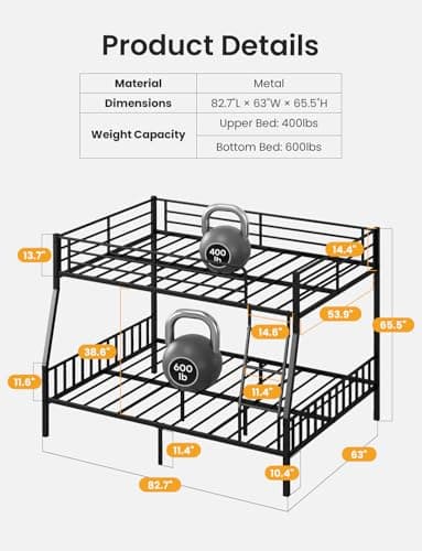Feetice Full XL Over Queen Bunk Bed, Heavy Duty Metal Bunk Bed with EVA Anti-Slip Ladder & Full-Length Guardrails, Noise-Free Queen Bunk Bed Frame for Adults, Teens, Black - Image 2