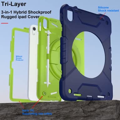 Andnary Case for iPad (A16) 11th Generation 11 inch 2025/10th Generation 10.9 inch 2022, Heavy Duty Shockproof Cover with 360° Rotating Handle/Bracket/Pen Holder/Shoulder Strap (Navy+Green) - Image 3