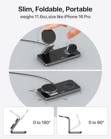UEQ Foldable 3 in 1 Wireless Charging Station for Apple Magsafe Charger Stand,Fast Magnetic Wireless Charger Station for iPhone 17 Air 16 15 14 13 12 Series,Airpods Pro,Apple Watch Ultra (Pure Black) - Image 3