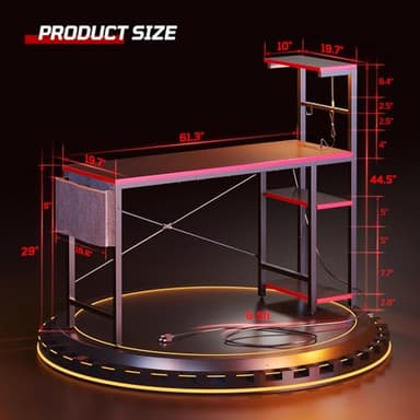 Bestier Gaming Desk with Power Outlets, 61 Inch Large Led Gamer Desk with 4 Tiers Reversible Shelves, PC Gaming Table with Headset Hook & Side Storage Bag for Bedroom (Black 3D Carbon Fiber) - Image 2