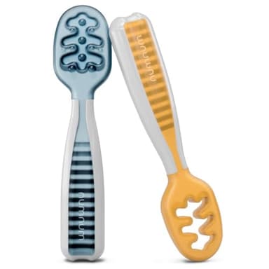 NumNum Baby Spoons Set, Baby Essentials Pre-Spoon GOOtensils for 6+ Months, First Stage Self-Feeding Spoons for Baby Led Weaning (BLW), Silicone Toddler Utensils, BPA-Free, 2 Pack Blue/Orange - Image 1