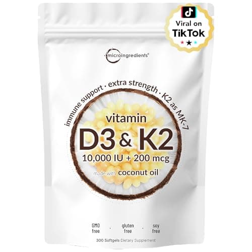Micro Ingredients Vitamin D3 10,000 IU + K2 MK-7 200 mcg, 300 Softgels | Virgin Coconut Oil | 2-in-1 Bone, Immune & Heart Support | Easy to Swallow, Non-GMO - Image 1