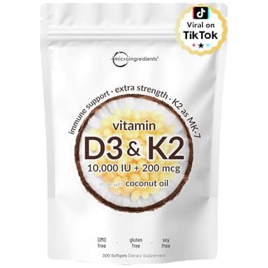Micro Ingredients Vitamin D3 10,000 IU + K2 MK-7 200 mcg, 300 Softgels | Virgin Coconut Oil | 2-in-1 Bone, Immune & Heart Support | Easy to Swallow, Non-GMO - Image 1